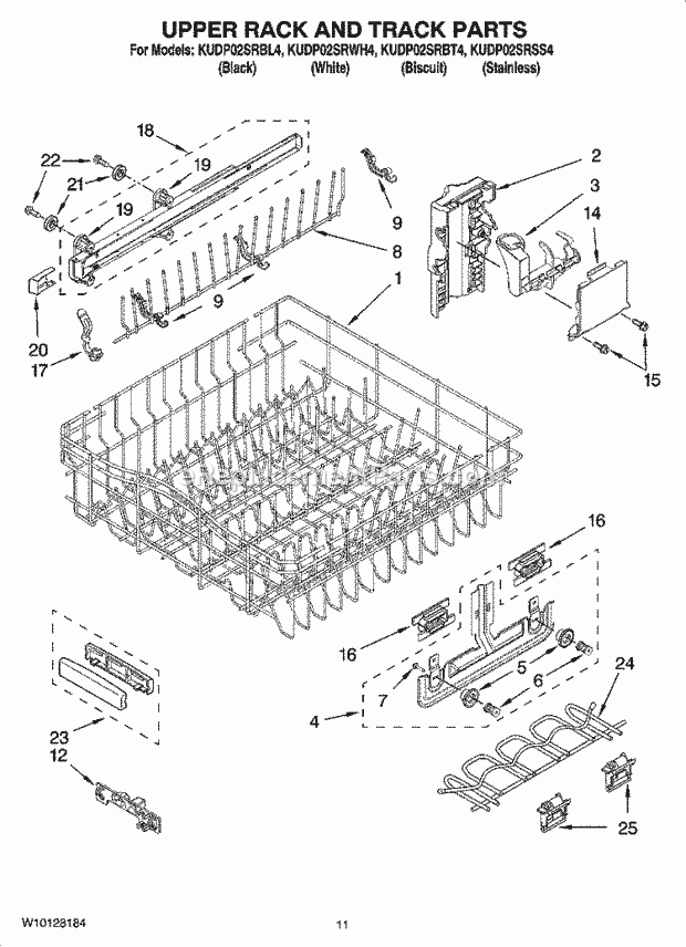 KitchenAid KUDP02SRBL4 Dishwasher Upper Rack and Track Parts Diagram