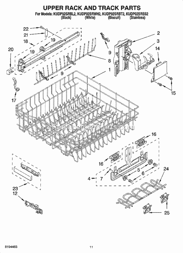 KitchenAid KUDP02SRSS2 Dishwasher Upper Rack and Track Parts Diagram