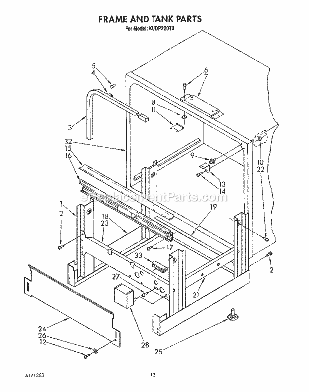 KitchenAid KUDP220T0 Dishwasher Frame and Tank Diagram