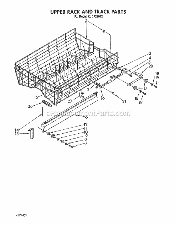 KitchenAid KUDP220T2 Dishwasher Upper Rack and Track Diagram