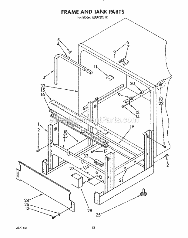 KitchenAid KUDP220T2 Dishwasher Frame and Tank Diagram