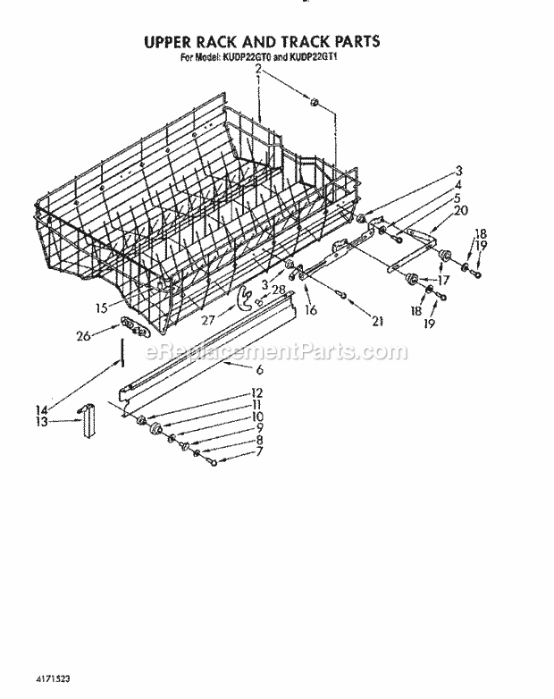 KitchenAid KUDP22GT0 Dishwasher Upper Rack and Track Diagram