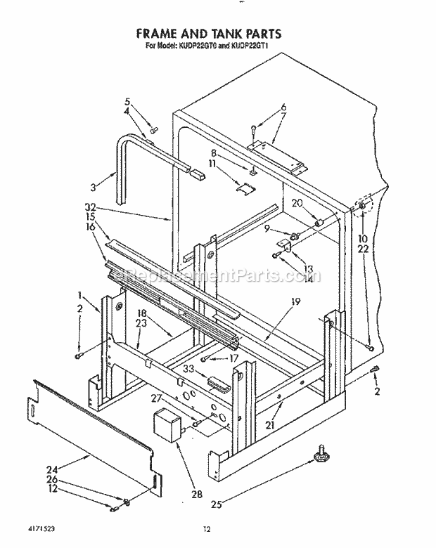 KitchenAid KUDP22GT0 Dishwasher Frame and Tank Diagram