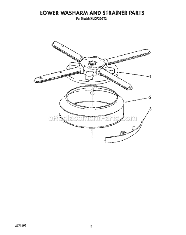 KitchenAid KUDP22GT3 Dishwasher Lower Washarm and Strainer Diagram