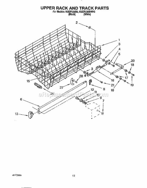 KitchenAid KUDP230B0 Dishwasher Upper Rack and Track Diagram