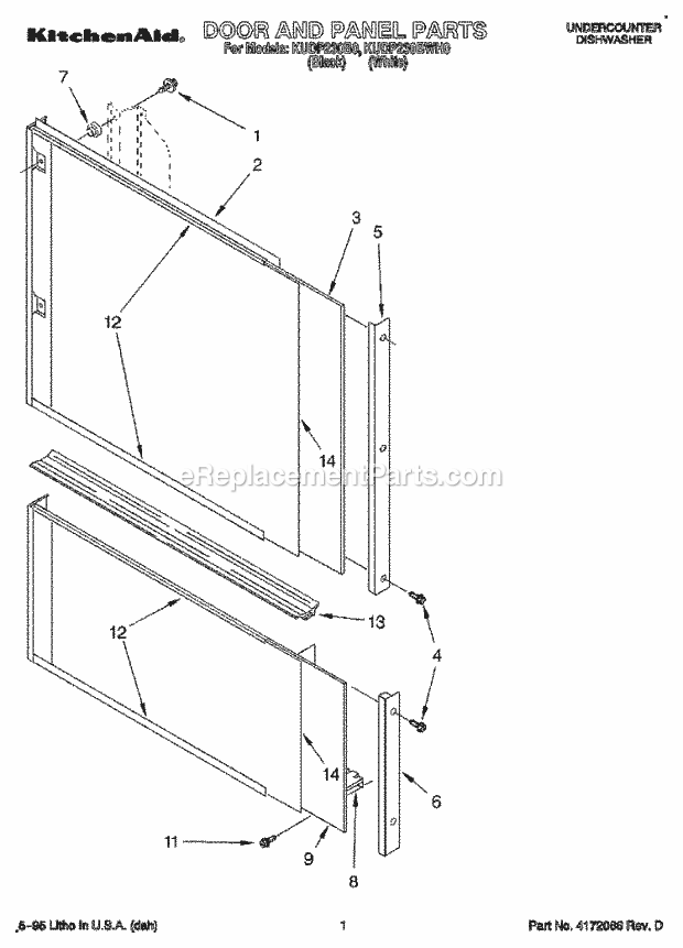 KitchenAid KUDP230B0 Dishwasher Door and Panel Diagram