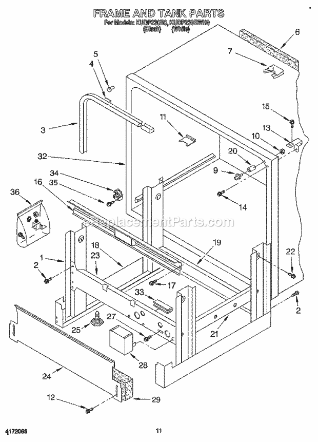 KitchenAid KUDP230B0 Dishwasher Frame and Tank Diagram