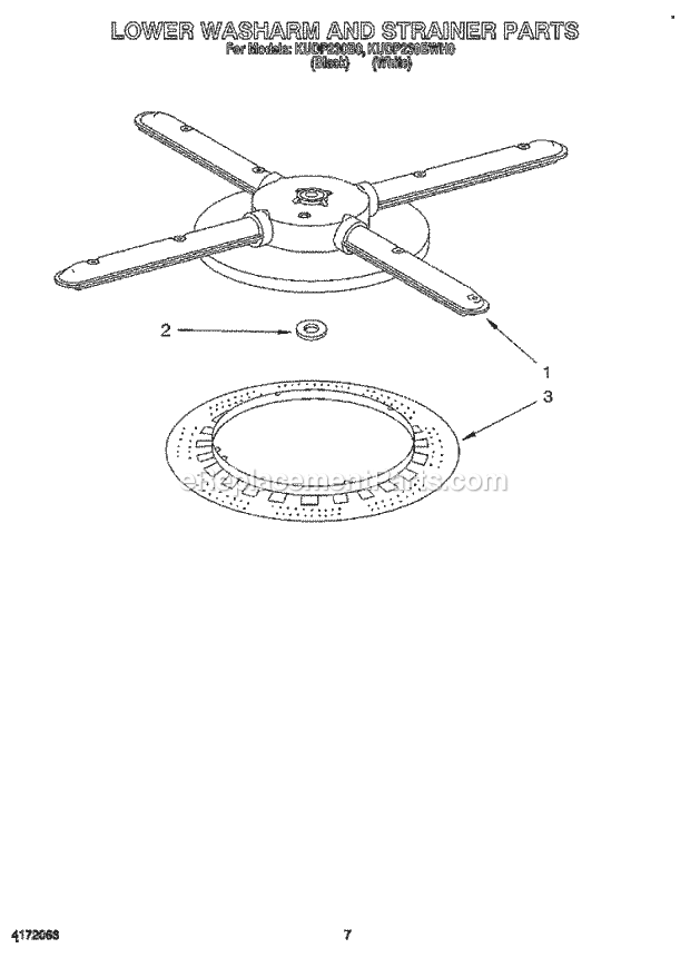 KitchenAid KUDP230B0 Dishwasher Lower Washarm and Strainer Diagram