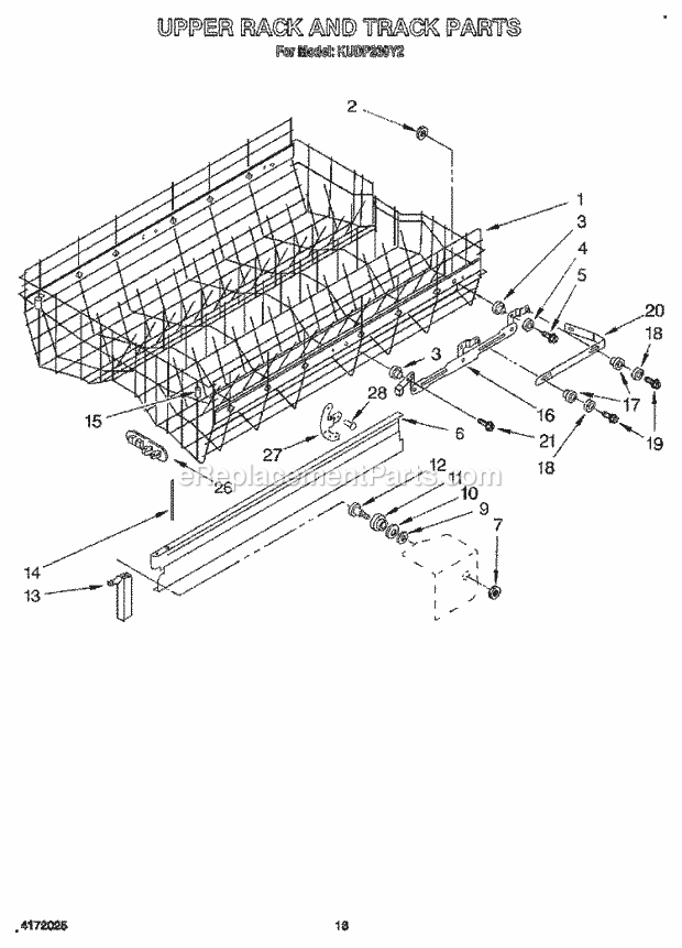 KitchenAid KUDP230Y2 Dishwasher Upper Rack and Track Diagram
