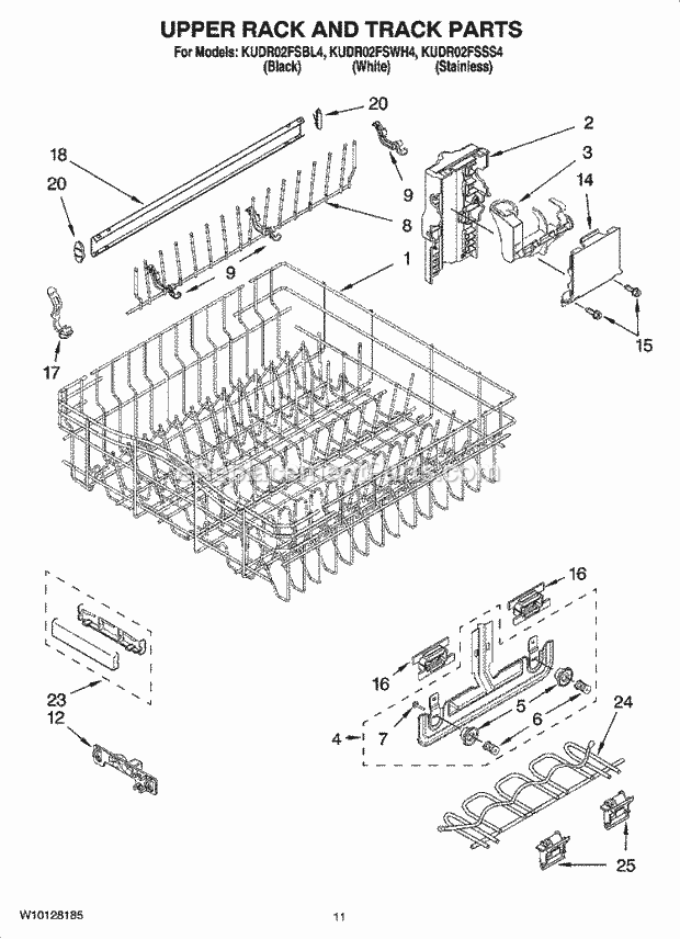 KitchenAid KUDR02FSBL4 Dishwasher Upper Rack and Track Parts Diagram