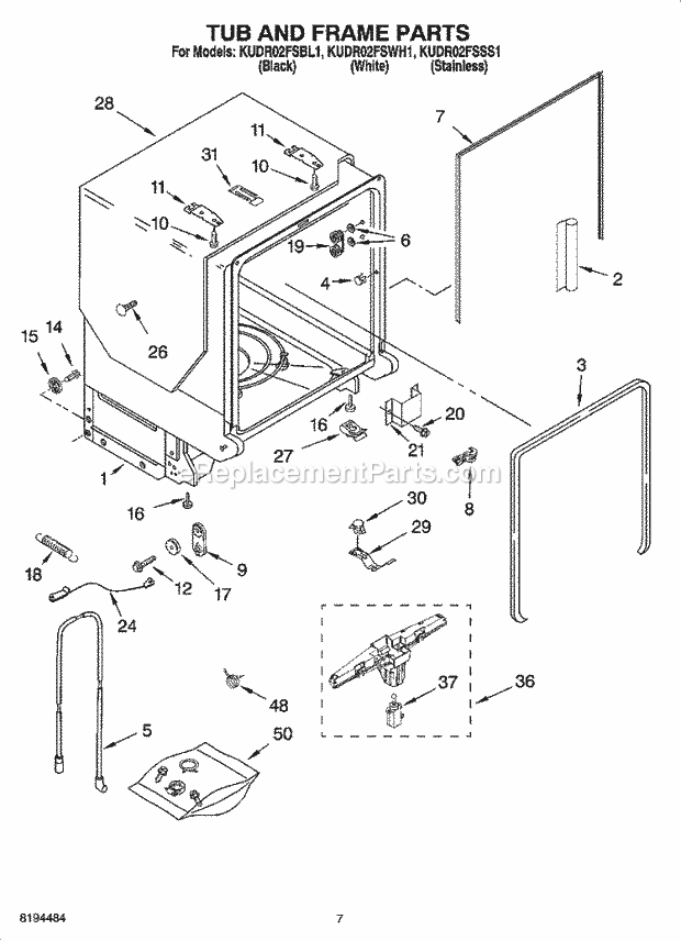 KitchenAid KUDR02FSSS1 Dishwasher Tub and Frame Parts Diagram