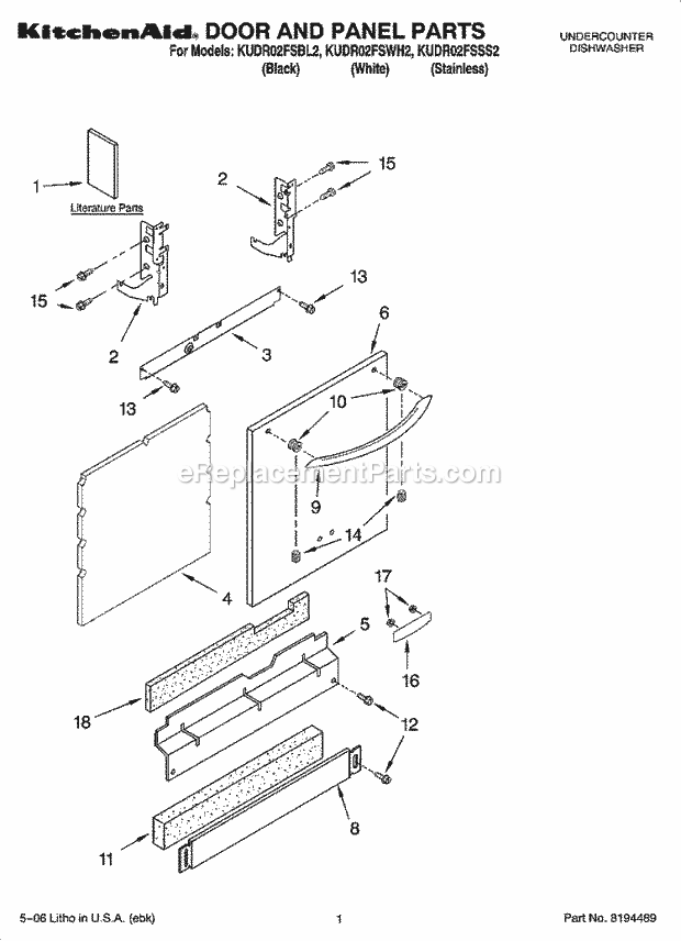 KitchenAid KUDR02FSWH2 Dishwasher Door and Panel Parts Diagram