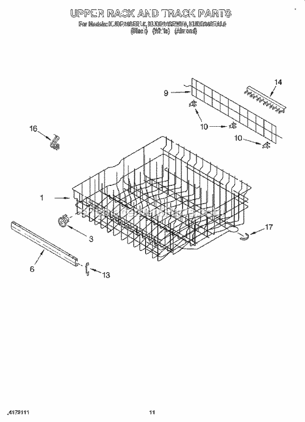 KitchenAid KUDR24SEAL0 Dishwasher Upper Rack and Track Diagram