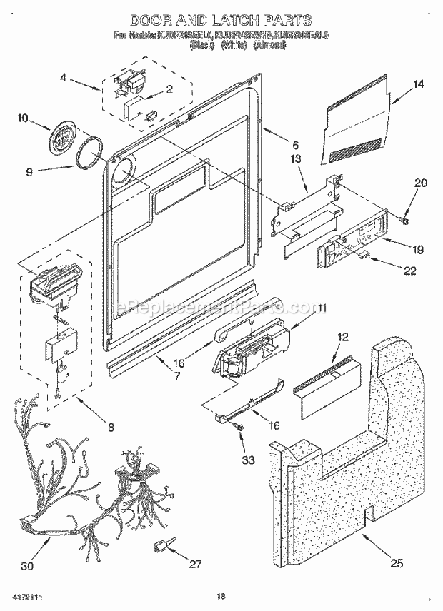 KitchenAid KUDR24SEAL0 Dishwasher Door and Latch Diagram