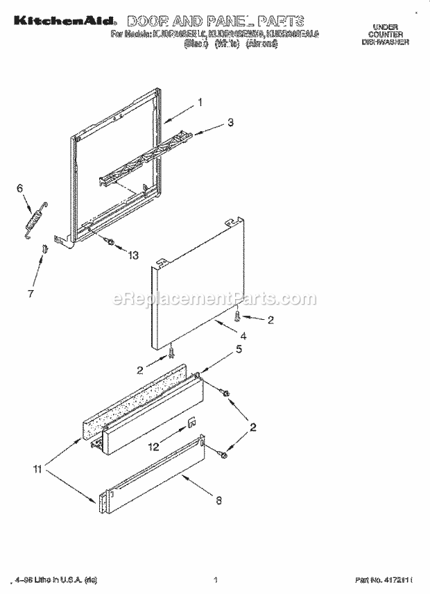 KitchenAid KUDR24SEAL0 Dishwasher Door and Panel Diagram