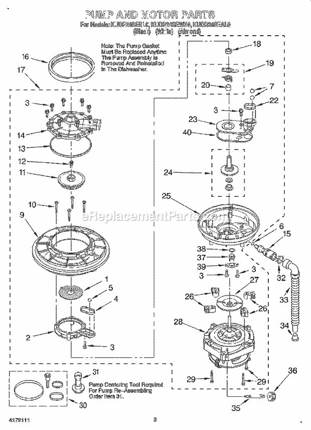 KitchenAid KUDR24SEAL0 Dishwasher Pump and Motor Diagram