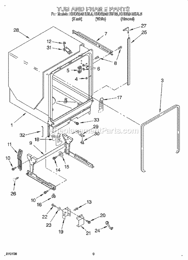 KitchenAid KUDR24SEAL5 Dishwasher Tub and Frame Diagram