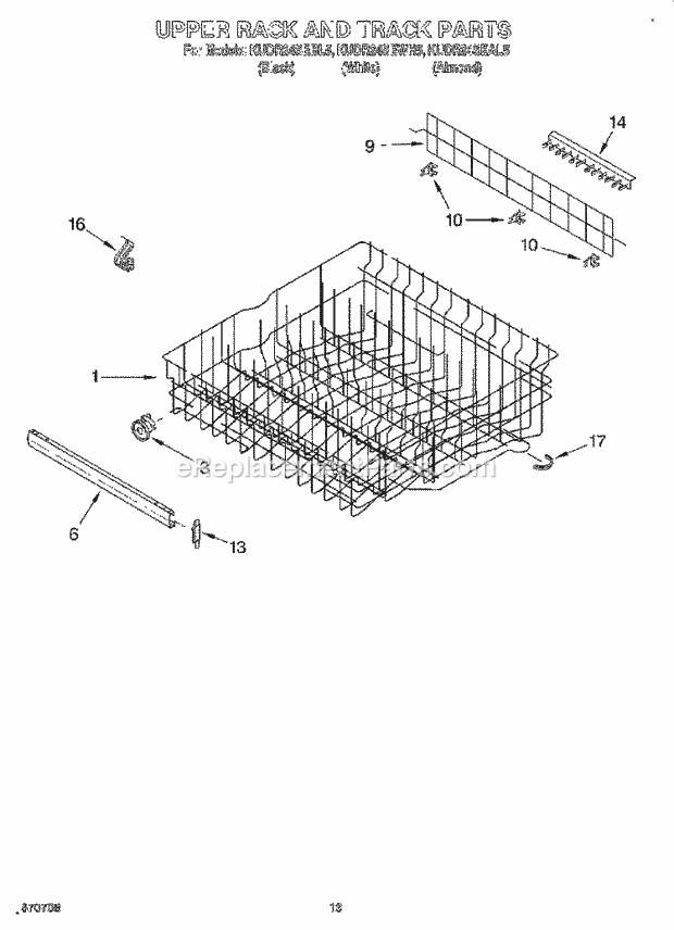 KitchenAid KUDR24SEAL5 Dishwasher Upper Rack and Track Diagram