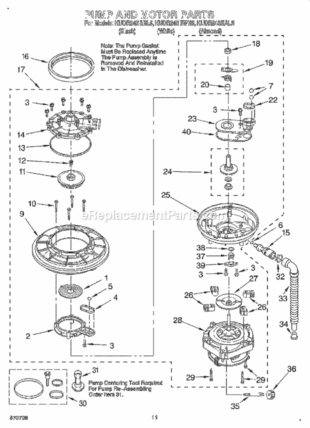 KitchenAid KUDR24SEAL5 Dishwasher Pump and Motor Diagram