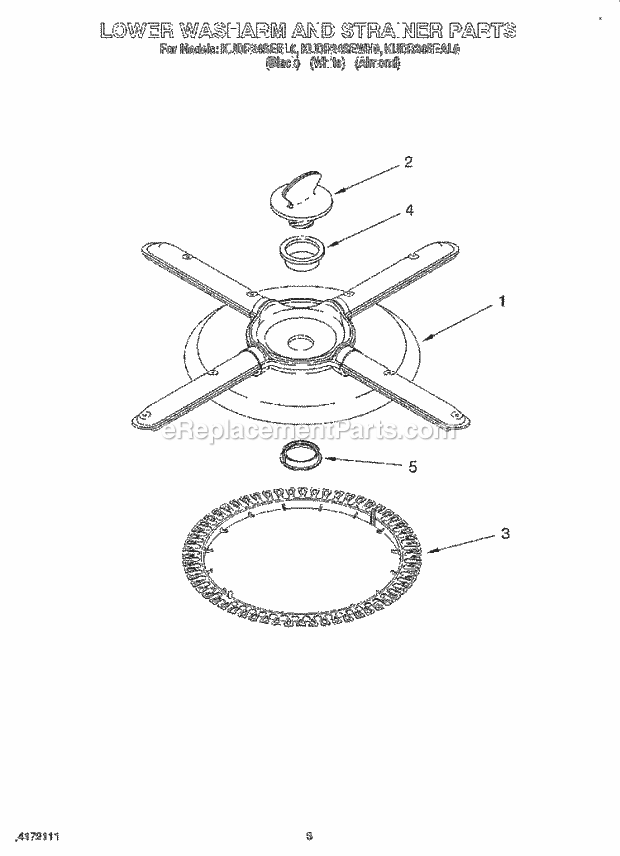 KitchenAid KUDR24SEWH0 Dishwasher Lower Washarm and Strainer Diagram