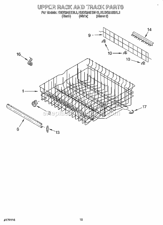 KitchenAid KUDR24SEWH1 Dishwasher Upper Rack and Track Diagram