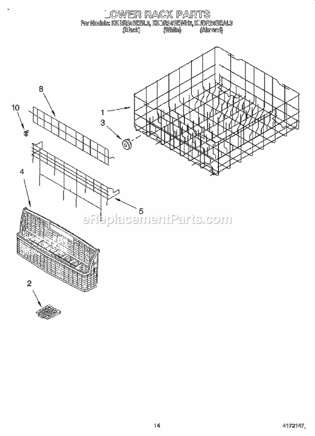 KitchenAid KUDR24SEWH3 Dishwasher Lower Rack Diagram