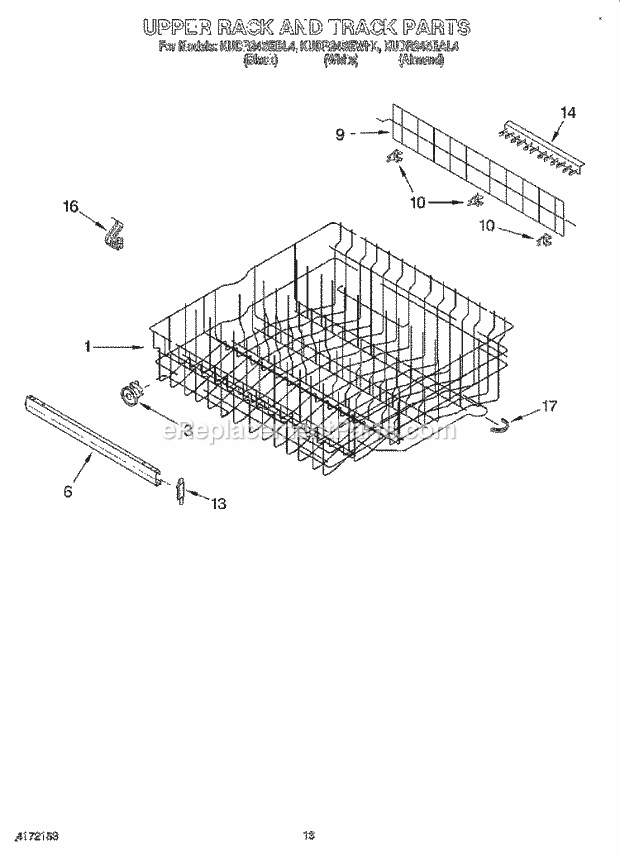 KitchenAid KUDR24SEWH4 Dishwasher Upper Rack and Track Diagram