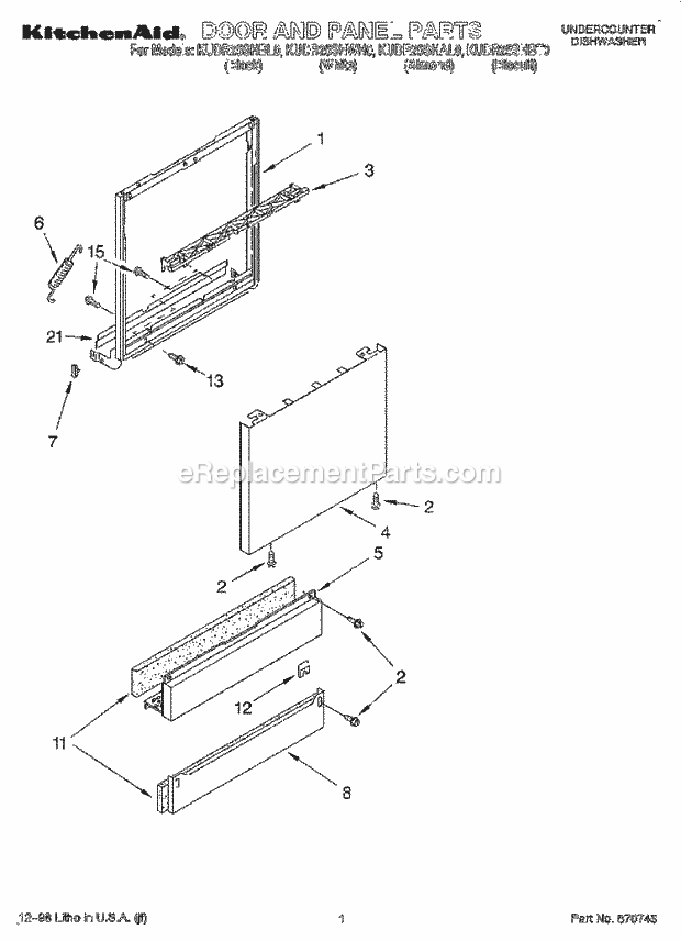 KitchenAid KUDR25SHBL0 Dishwasher Door and Panel Diagram