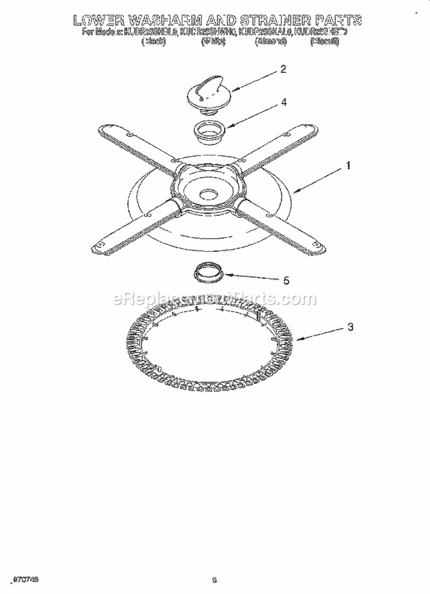 KitchenAid KUDR25SHBL0 Dishwasher Lower Washarm and Strainer Diagram