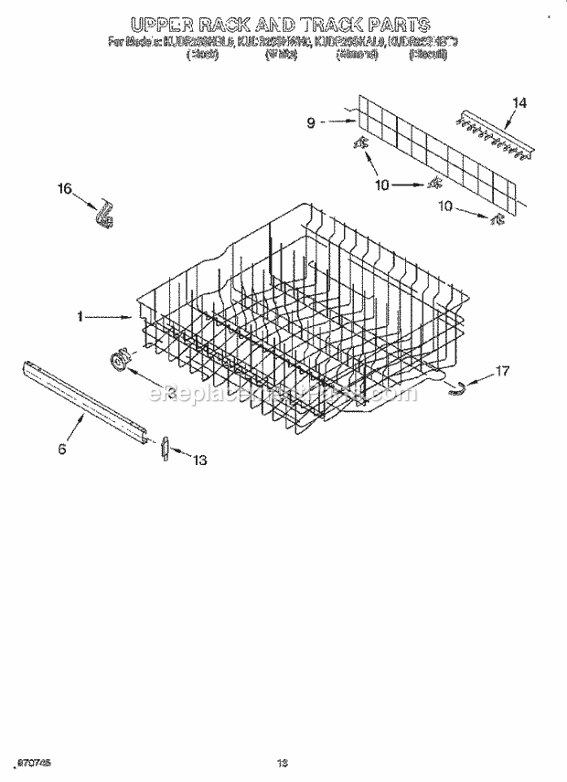 KitchenAid KUDR25SHBT0 Dishwasher Upper Rack and Track Diagram