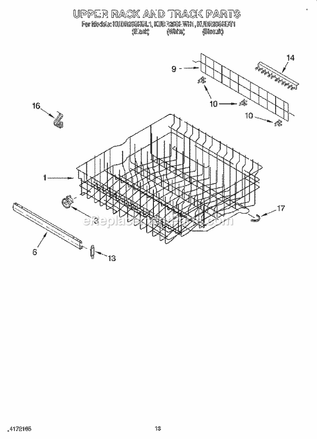 KitchenAid KUDR25SHBT1 Dishwasher Upper Rack and Track Diagram