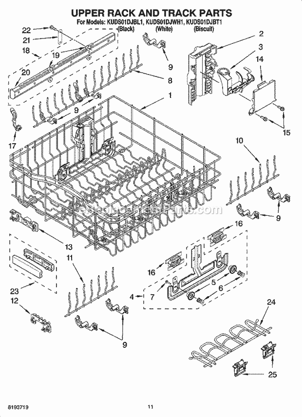 KitchenAid KUDS01DJBL1 Dishwasher Upper Rack and Track Parts Diagram