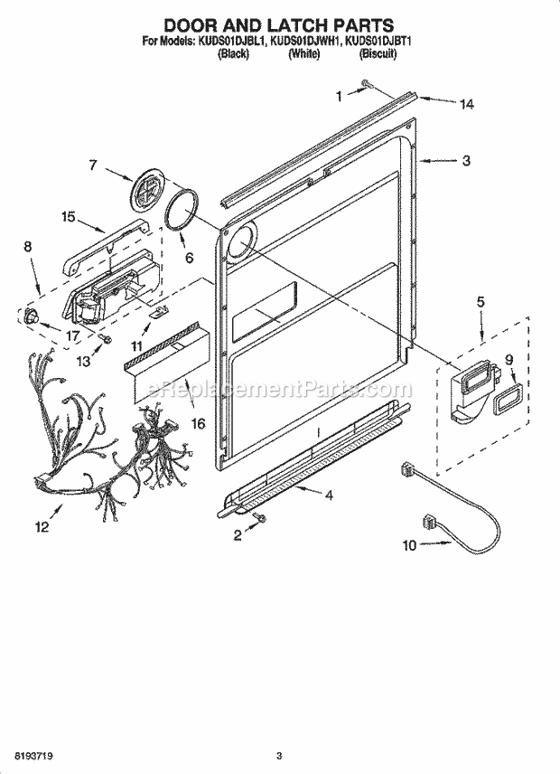 KitchenAid KUDS01DJBL1 Dishwasher Door and Latch Parts Diagram