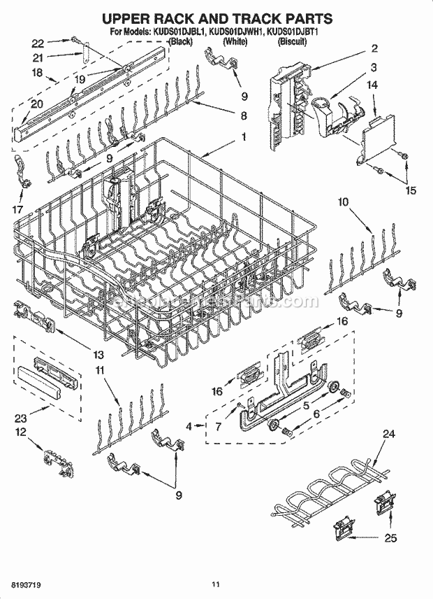 KitchenAid KUDS01DJBT1 Dishwasher Upper Rack and Track Parts Diagram