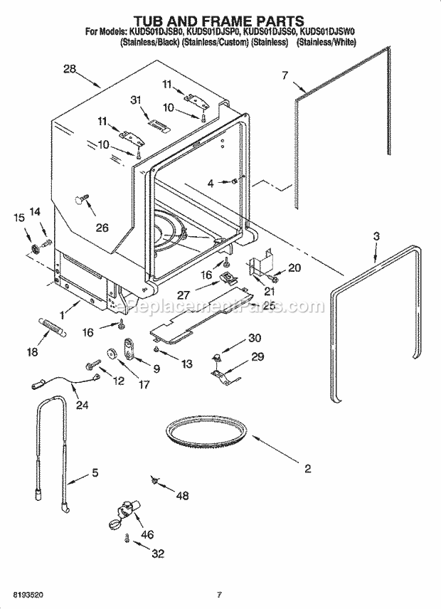 KitchenAid KUDS01DJSP0 Dishwasher Tub and Frame Parts Diagram