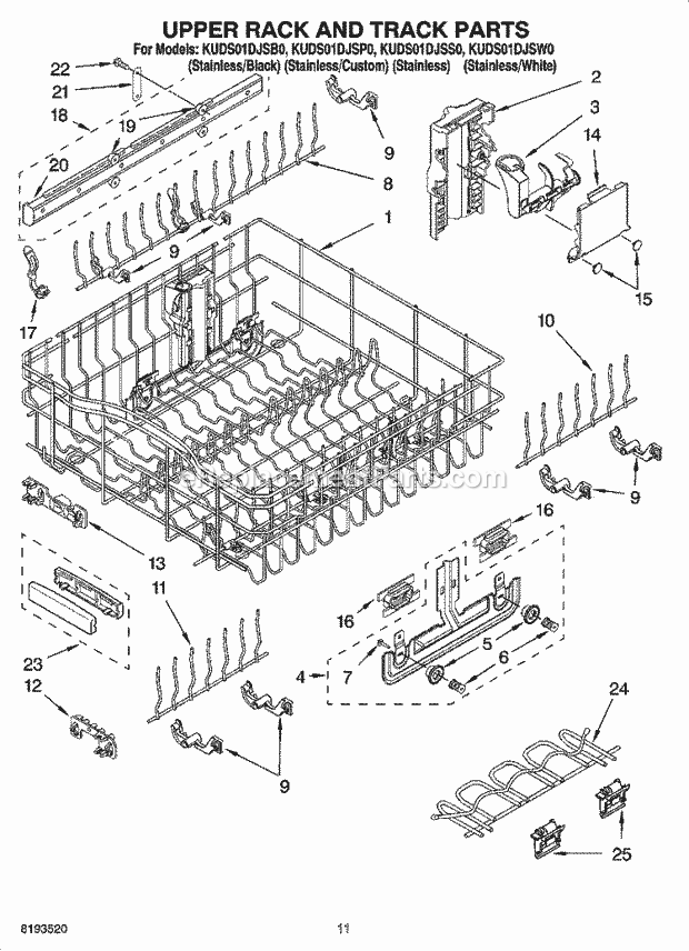 KitchenAid KUDS01DJSP0 Dishwasher Upper Rack and Track Parts Diagram
