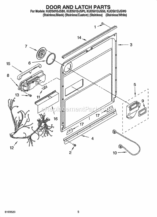 KitchenAid KUDS01DJSP0 Dishwasher Door and Latch Parts Diagram