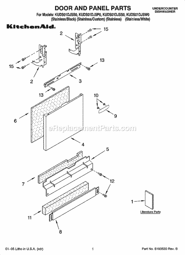 KitchenAid KUDS01DJSP0 Dishwasher Door and Panel Parts Diagram