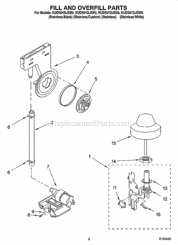 KitchenAid KUDS01DJSP0 Dishwasher Fill and Overfill Parts Diagram