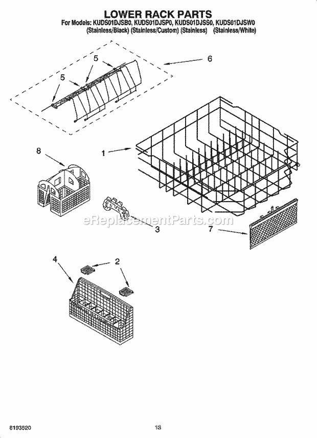 KitchenAid KUDS01DJSP0 Dishwasher Lower Rack Parts Diagram