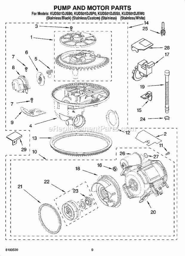 KitchenAid KUDS01DJSP0 Dishwasher Pump and Motor Parts Diagram