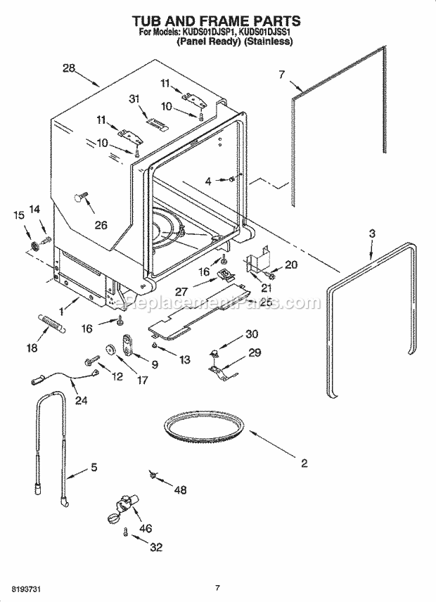 KitchenAid KUDS01DJSP1 Dishwasher Tub and Frame Parts Diagram