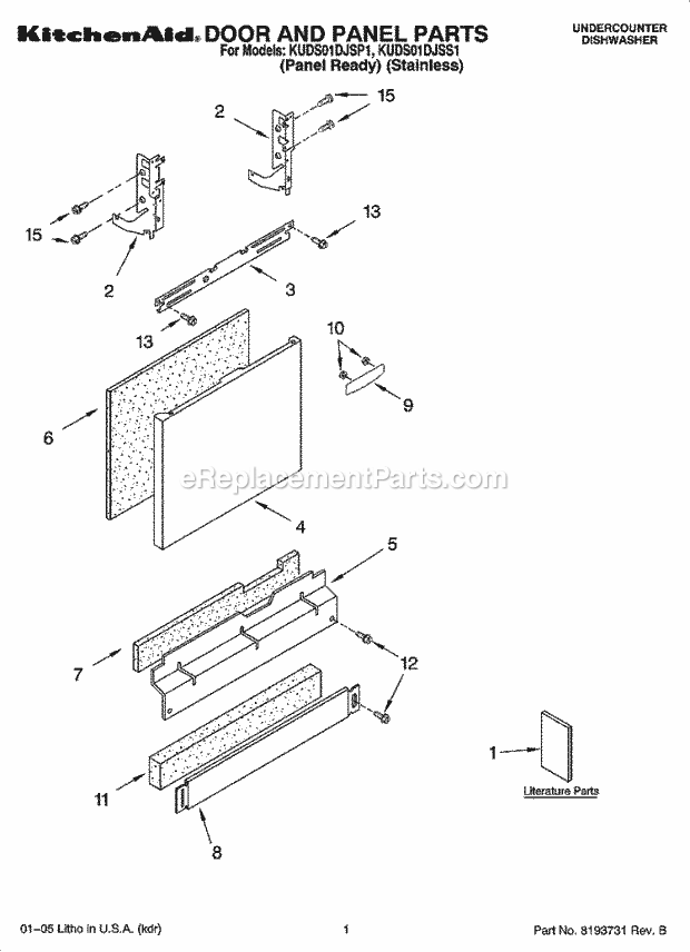 KitchenAid KUDS01DJSP1 Dishwasher Door and Panel Parts Diagram