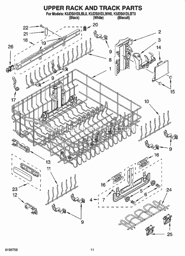 KitchenAid KUDS01DLBL0 Dishwasher Upper Rack and Track Parts Diagram