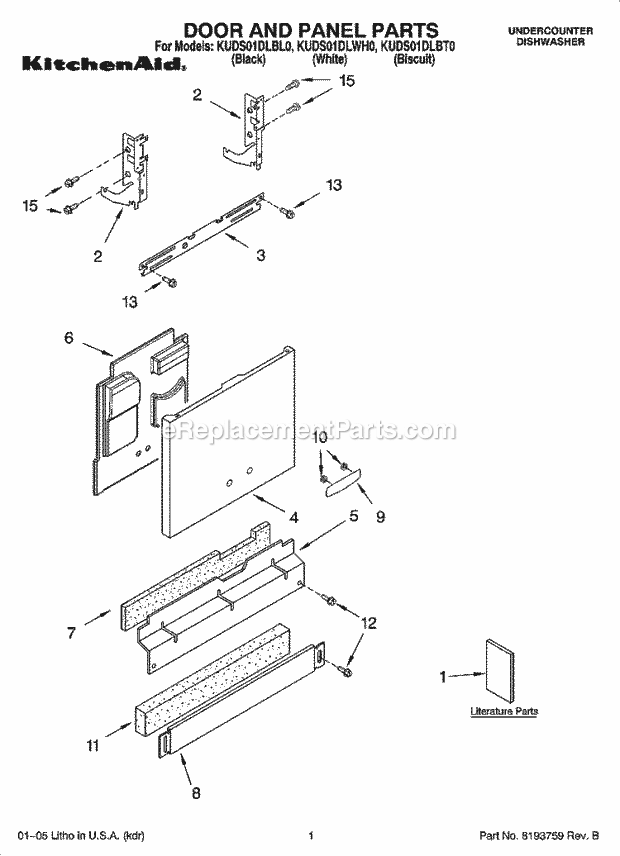 KitchenAid KUDS01DLBL0 Dishwasher Door and Panel Parts Diagram