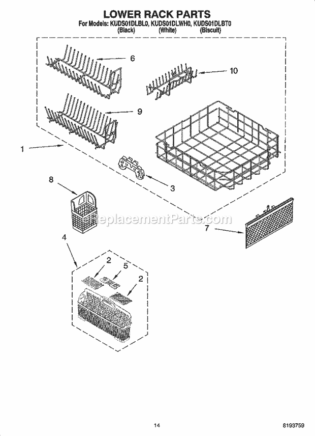 KitchenAid KUDS01DLBL0 Dishwasher Lower Rack Parts Diagram