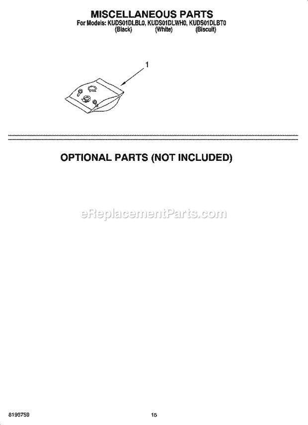 KitchenAid KUDS01DLBL0 Dishwasher Miscellaneous Parts Optional Parts (Not Included) Diagram