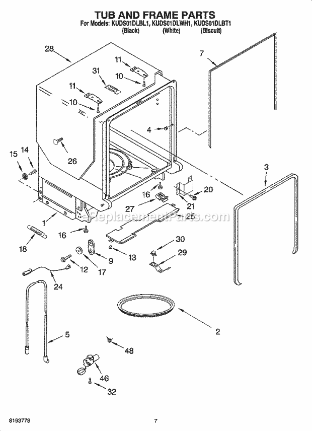 KitchenAid KUDS01DLBL1 Dishwasher Tub and Frame Parts Diagram