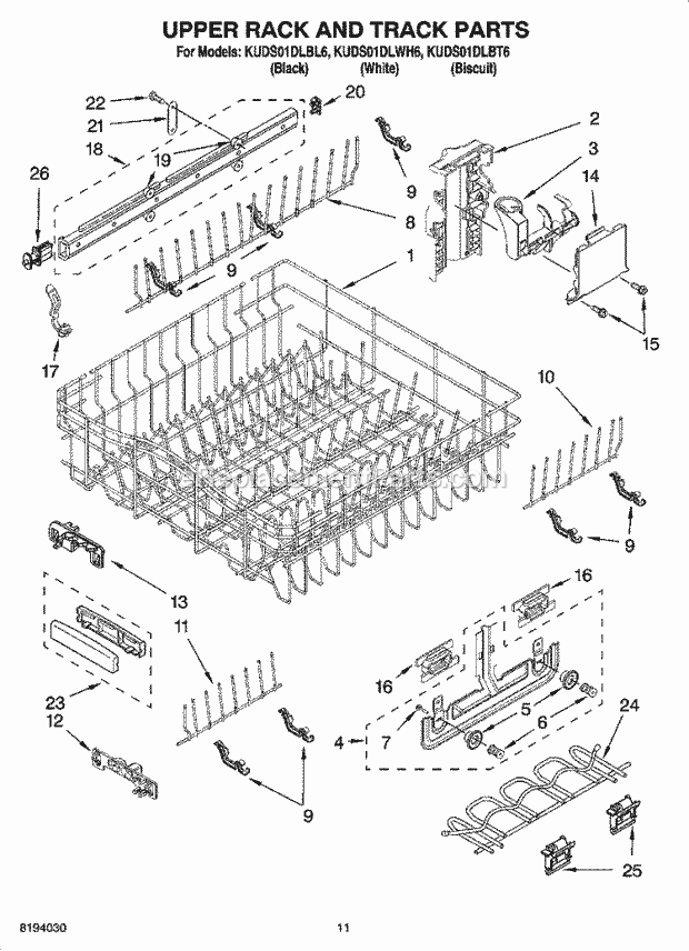 KitchenAid KUDS01DLBL6 Dishwasher Upper Rack and Track Parts Diagram