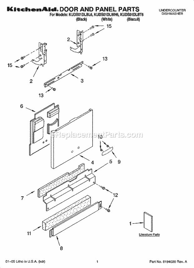 KitchenAid KUDS01DLBL6 Dishwasher Door and Panel Parts Diagram